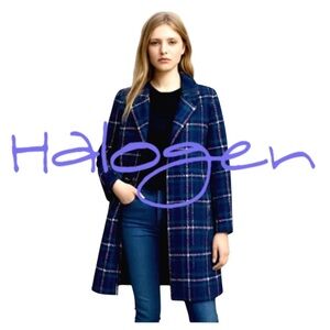 Halogen Women’s 3/4 Length Topper Coat. Navy Rust Plaid. Size S/M
